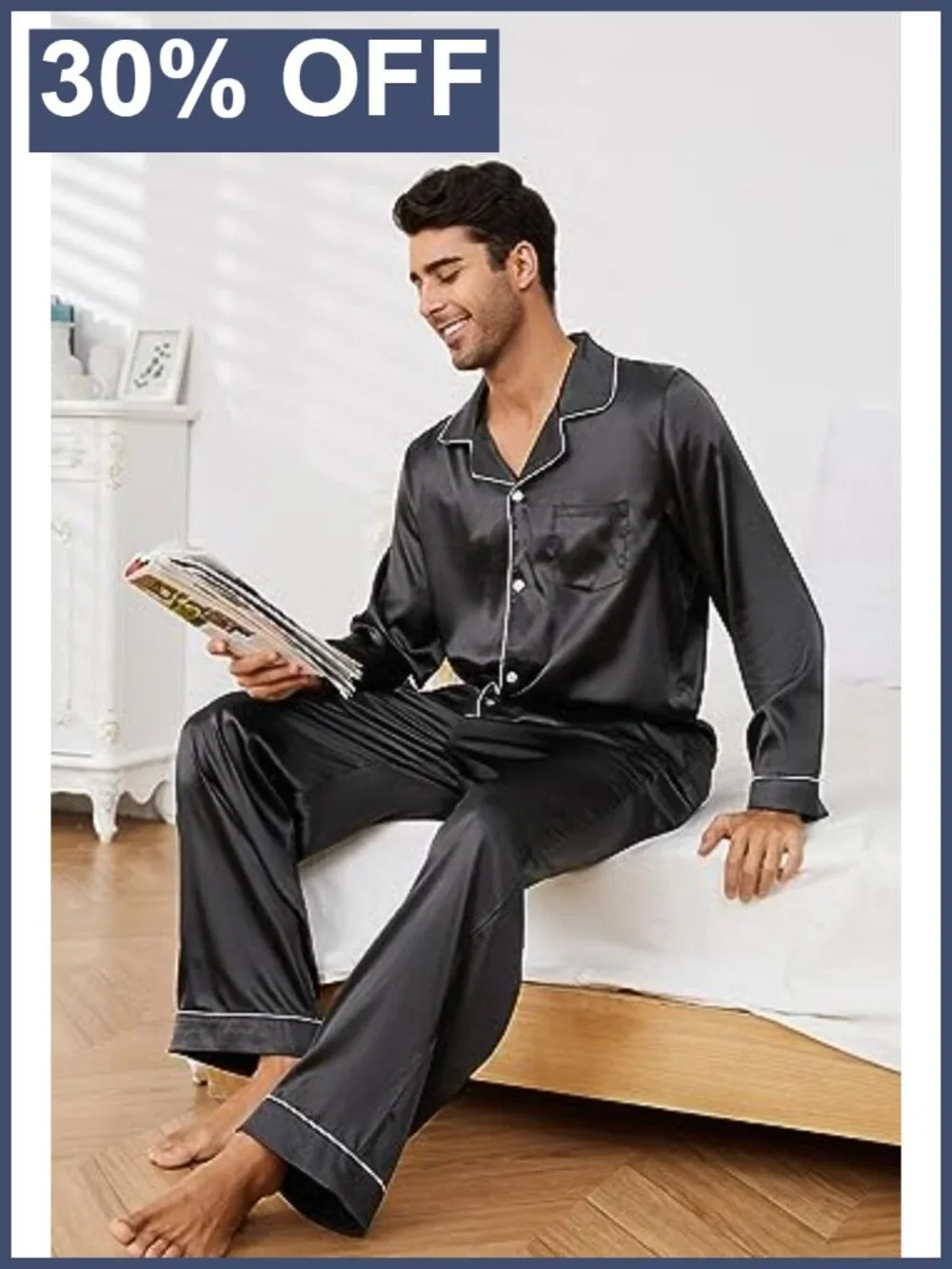 Men's Silk Satin Pajama Set Long Sleeve Button Down Sleepwear Two-Piece